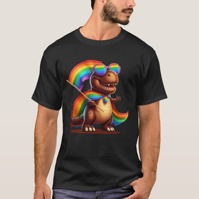 Camiseta Dinossauro Gay que Veste Rainbow Cloak Sunglass LG (Frente)