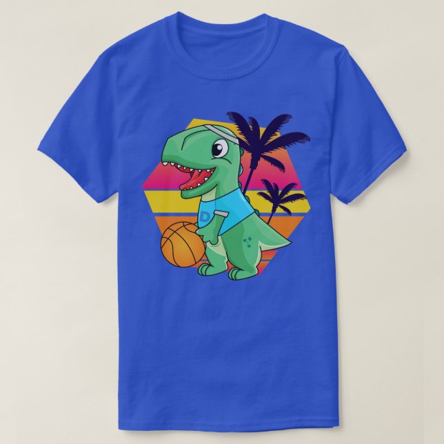 Camiseta Dinossauro jogando basquetebol estilo retro dino v (Frente do Design)