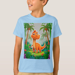 Camiseta Dinossauro Laranja Divertido em Cenário de Selva E