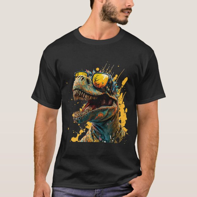 Camiseta dinossauro legal com óculos de sol lagarto pré-his (Frente)