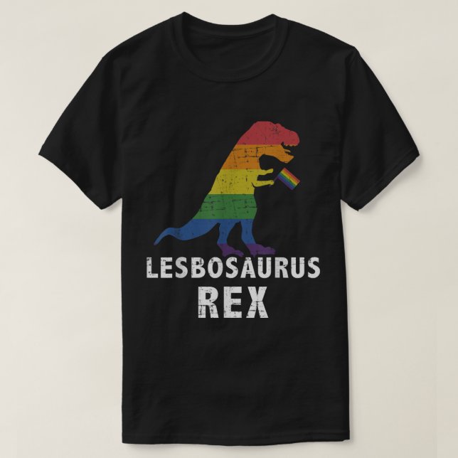 Camiseta Dinossauro Lesbosaurus rex em bandeira arco-íris p (Frente do Design)
