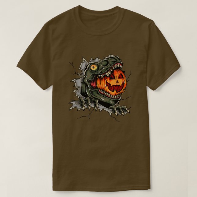 Camiseta Dinossauro Louco Comendo Pumpkin Feliz Halloween (Frente do Design)