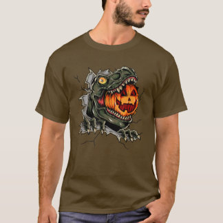 Camiseta Dinossauro Louco Comendo Pumpkin Feliz Halloween