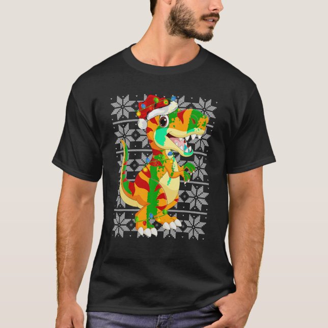 Camiseta Dinossauro Luzes de Natal Reindeer Santa Hat Feia (Frente)