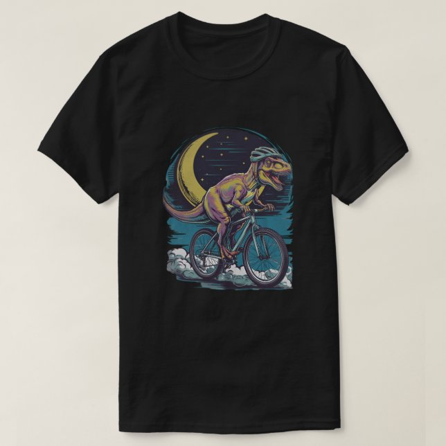 Camiseta Dinossauro Moderno em Uma Bike No Céu Com Lua Engr (Frente do Design)