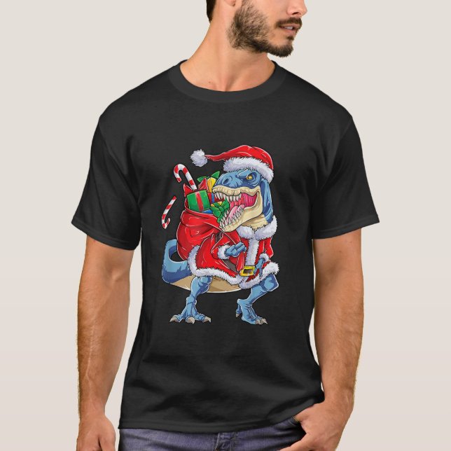 Camiseta Dinossauro Natal Papai Noel T Rex Boys Funn (Frente)