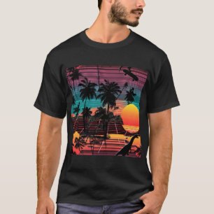 Camiseta Dinossauro Neon e Skatista ao Pôr do Sol