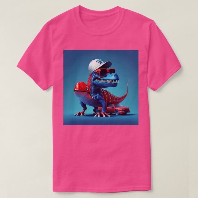 Camiseta dinossauro pequeno em um carro esportivo vermelho (Frente do Design)