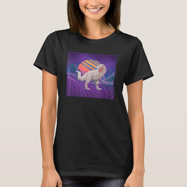 Camiseta Dinossauro Retro Paisagem do Computador Sunset Vap (Frente)