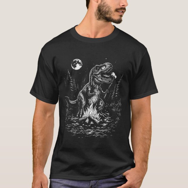 Camiseta Dinossauro retrô s'mores fogueira lua camper (Frente)