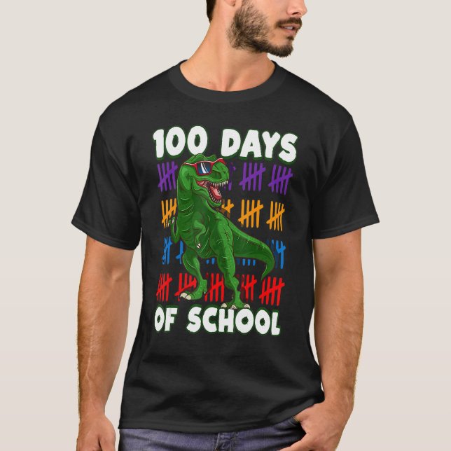 Camiseta Dinossauro Rex Feliz 100º Dia Da Escola Dino Crian (Frente)