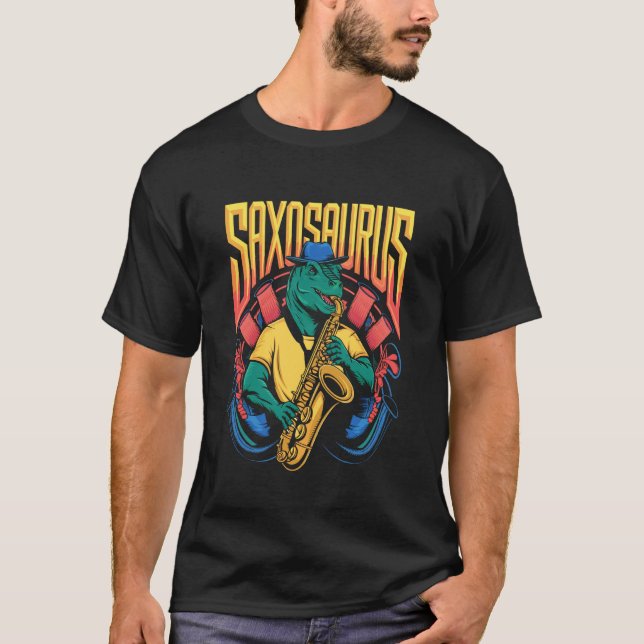 Camiseta Dinossauro Saxossauro Tocando Saxofone (Frente)