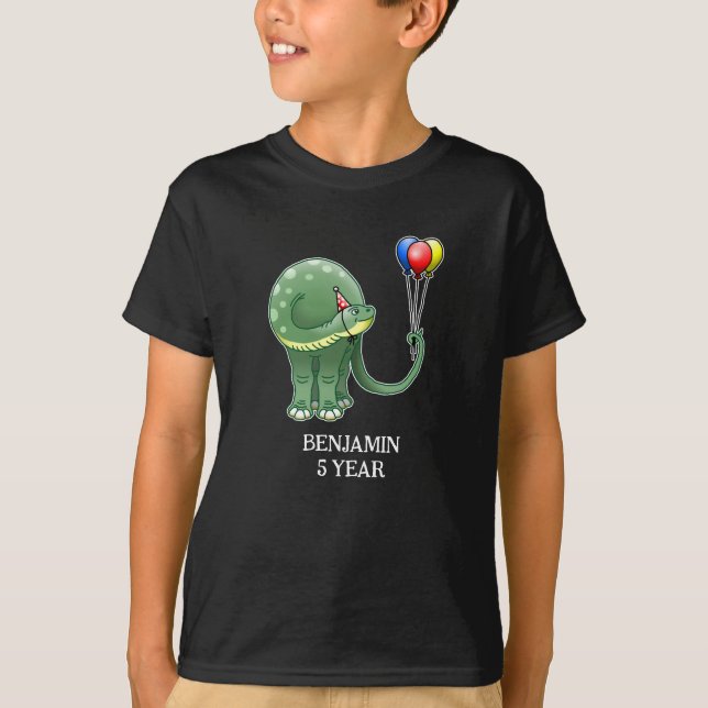Camiseta Dinossauro segurando Balões Aniversário (Frente)