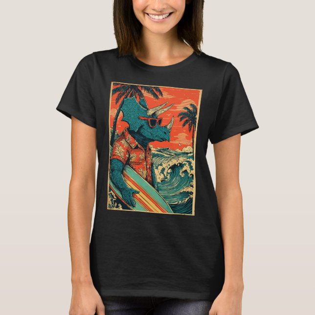 Camiseta Dinossauro Surfista Retro Havaí Verão Triceratops  (Frente)
