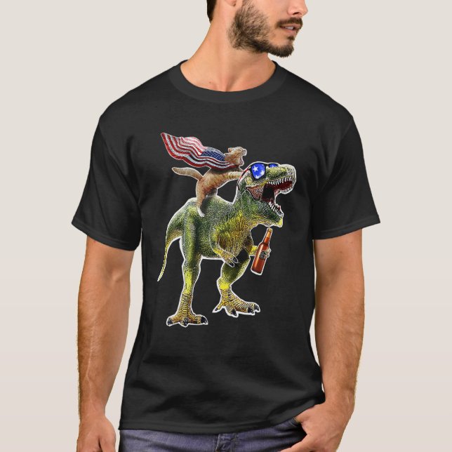 Camiseta Dinossauro T Rex Beer Cat 4 de julho Bandeira Amer (Frente)