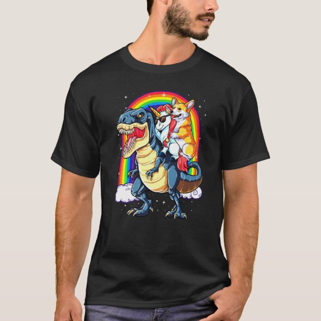 Camiseta Dinossauro T Rex Boys Garotas Rainbow Corgi (Frente)