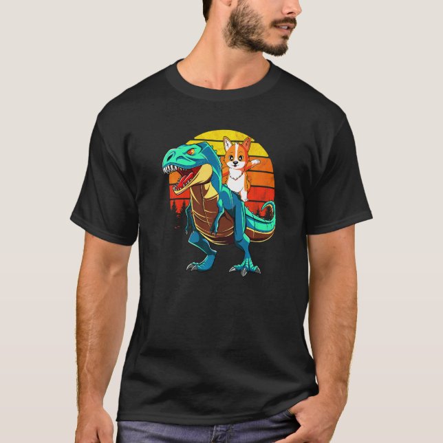 Camiseta Dinossauro T Rex Boys Meninas Retro Sunset Corgi (Frente)