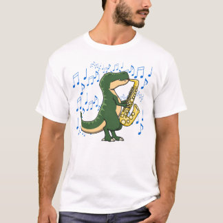 Camiseta Dinossauro T-Rex Cute e Divertido Tocando Saxofone