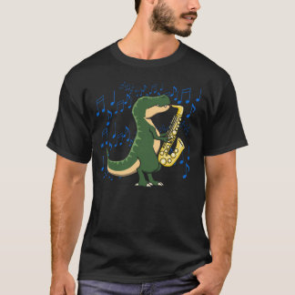 Camiseta Dinossauro T-Rex Cute e Divertido Tocando Saxofone