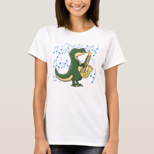 Camiseta Dinossauro T-Rex Cute e Divertido Tocando Saxofone