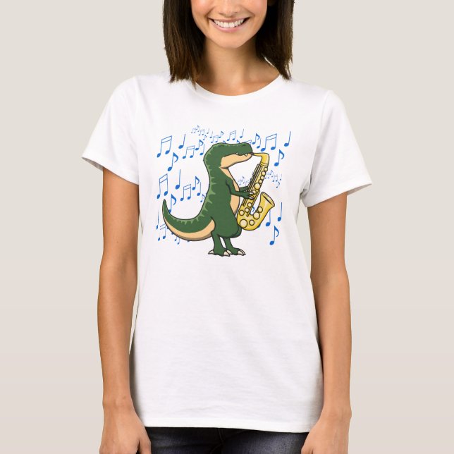 Camiseta Dinossauro T-Rex Cute e Divertido Tocando Saxofone (Frente)