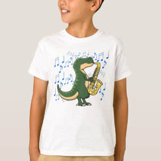 Camiseta Dinossauro T-Rex Cute e Divertido Tocando Saxofone