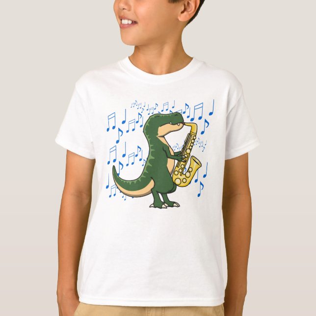 Camiseta Dinossauro T-Rex Cute e Divertido Tocando Saxofone (Frente)
