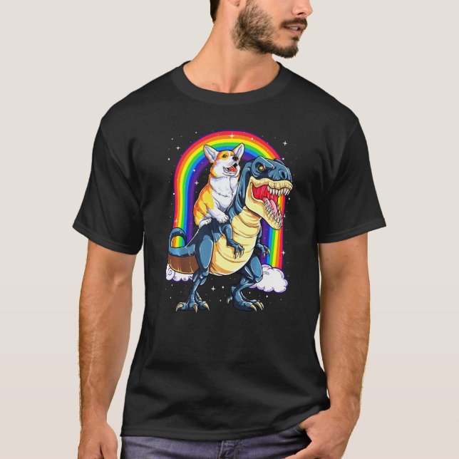 Camiseta Dinossauro T Rex Espaço Galáxia Arco-Íris Corgi (Frente)