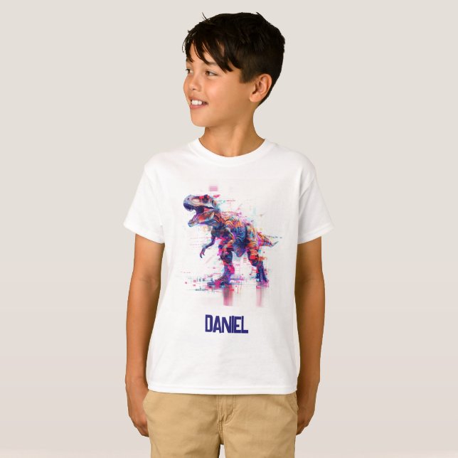 Camiseta Dinossauro T-Rex Futurístico Com Nome Para Criança (Frente Completa)