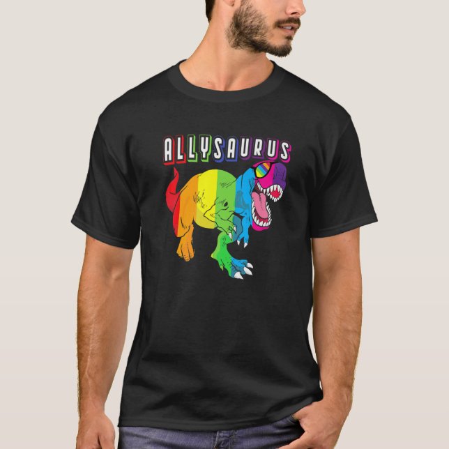 Camiseta Dinossauro T Rex LGBT Orgulho gay Flag Allysaurus  (Frente)