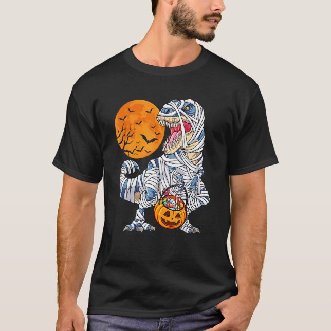 Camiseta Dinossauro T Rex Mummy Pumpkin Com Lua Halloween C (Frente)