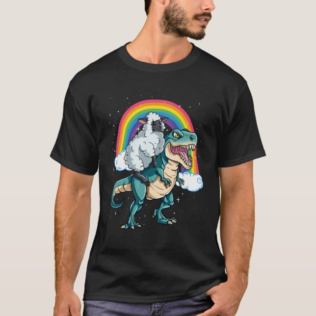 Camiseta Dinossauro T Rex Rainbow Cloud Espalha Ovinos (Frente)