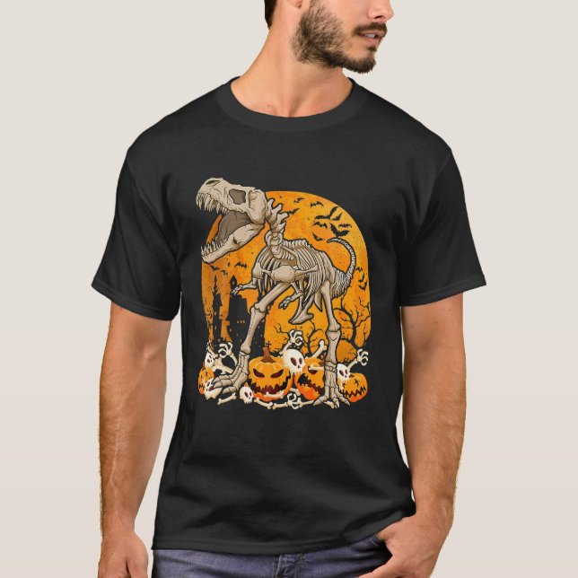 Camiseta Dinossauro T Rex Skeleton Pumpkin Com Lua Hallowee (Frente)