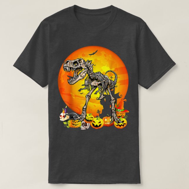 Camiseta Dinossauro T Rex Skeleton Pumpkin Com Lua Hallowee (Frente do Design)