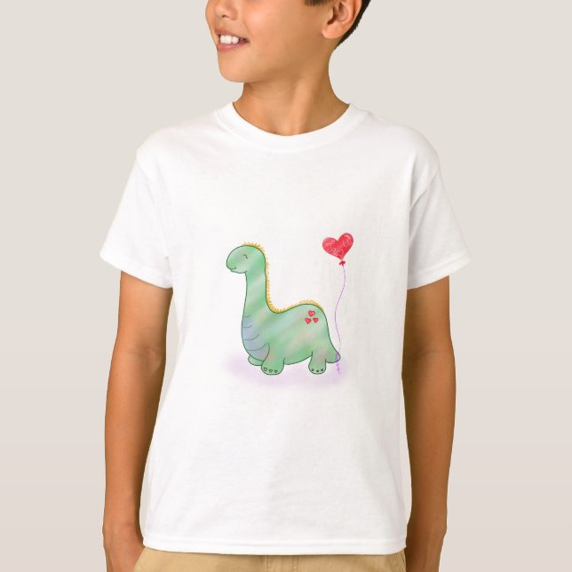 Camiseta Dinossauro Verde Bonito com Balão do Coração | (Frente)