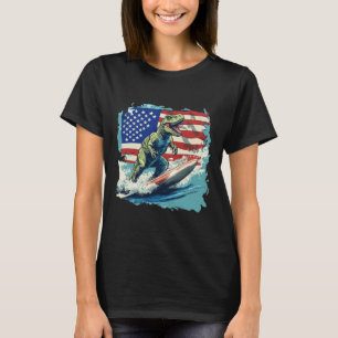 Camiseta Dinossauro Vermelho Branco Azul Surfando Para Juri