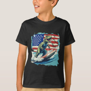 Camiseta Dinossauro Vermelho Branco Azul Surfando Para Juri