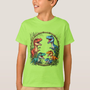 Camiseta Dinossauros de Desenho Colorido em Moldura de Bamb