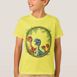 Camiseta Dinossauros de Desenho Colorido em Moldura de Bamb