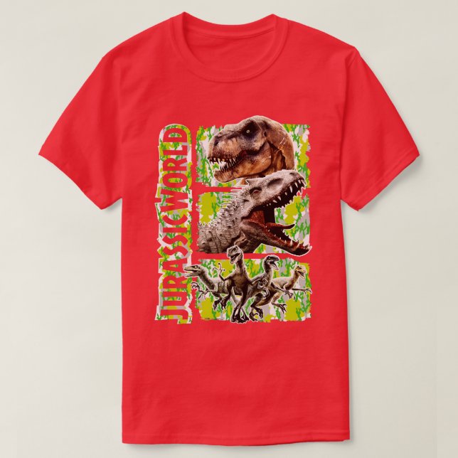 Camiseta Dinossauros soltos TRex Indominus Rex e Velocir (Frente do Design)