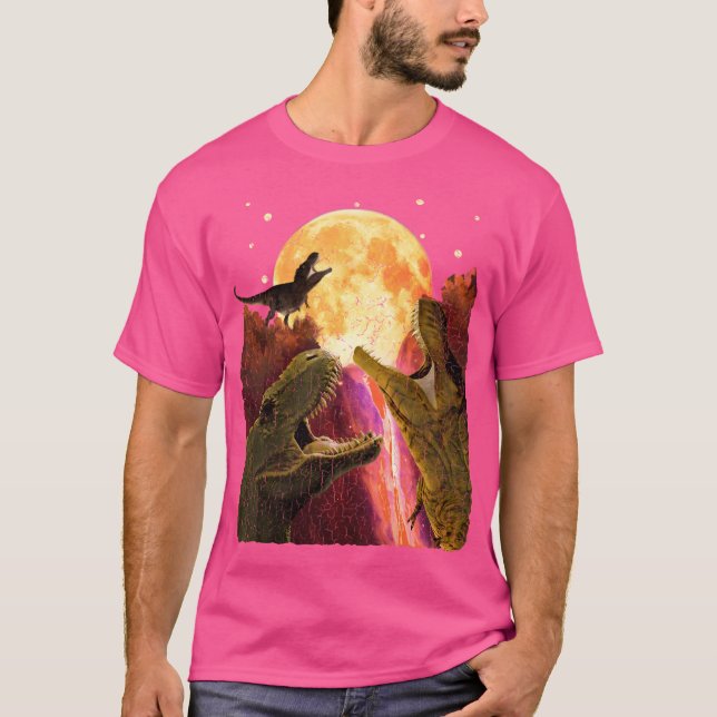 Camiseta Dinossauros T-Rex Três Gritando Na Lua Como Três W (Frente)