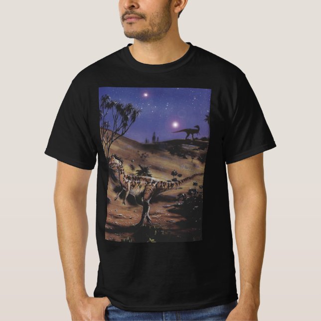 Camiseta Dinossauros Vintage, Dilophosaurus em uma Noite Es (Frente)