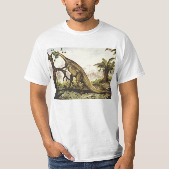 Camiseta Dinossauros Vintage, Plateossauro Pastando em Árvo (Frente)