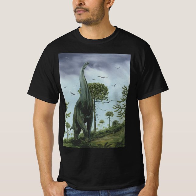 Camiseta Dinossauros Vintage, Sauroposeidon com Pássaros Vo (Frente)