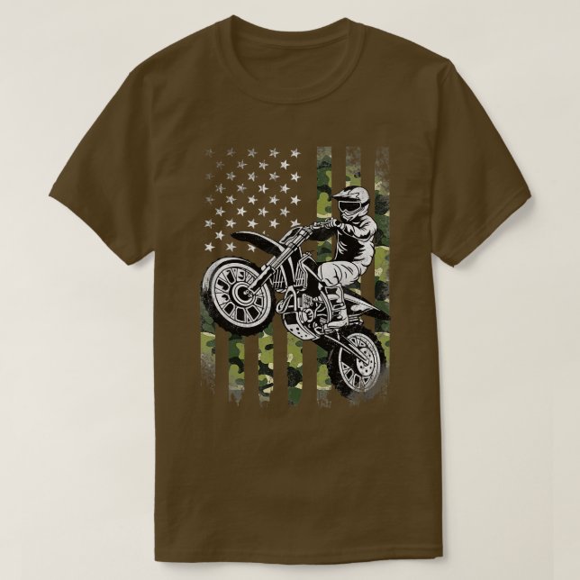 Camiseta Dirt Bike American Camo Flag Motocross Dirtbike Bi (Frente do Design)