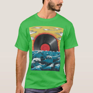 Camiseta Disco de Vinil Vintage Engraçado Sol Arte Japonesa