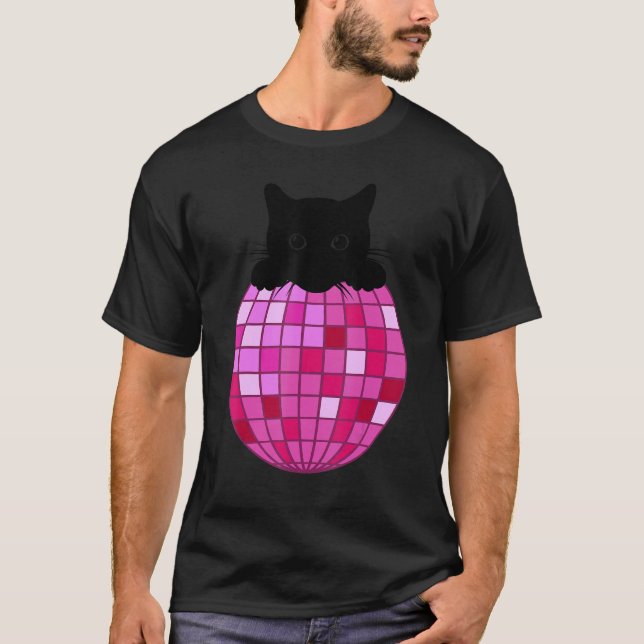 Camiseta Disco estésico Gato de Disco Preto, Rosa Quente (Frente)