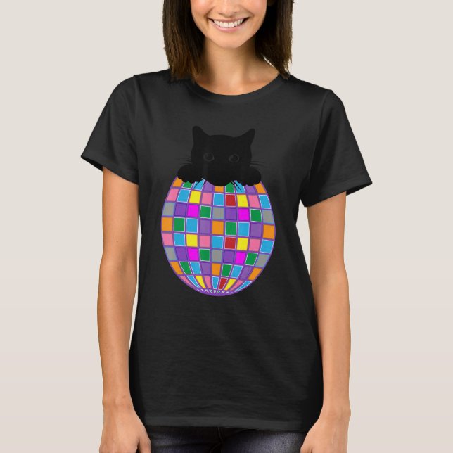 Camiseta Disco estético Bola Psicodélica Negra Gato Disco C (Frente)