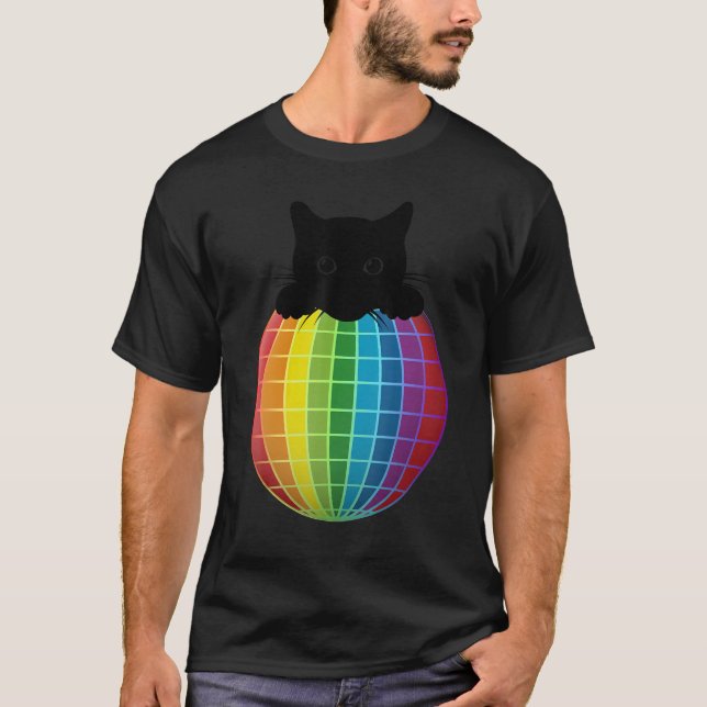 Camiseta Disco estético Gola Arco-Íris Negro Gato Disco (Frente)