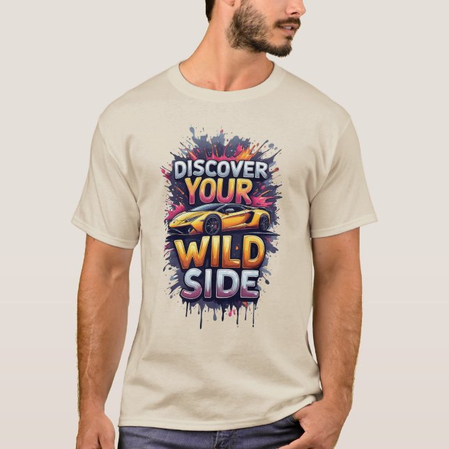 Camiseta Discover Your Wild Side: Bright Yellow Sports Car (Frente)